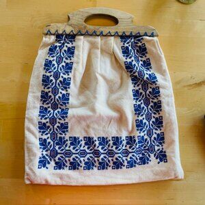 Vintage Canvas Embroidered Purse with Wooden Handle